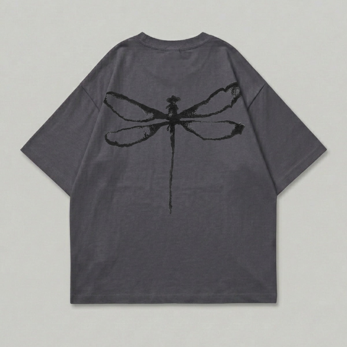 Dark grey t-shirt with a black dragonfly graphic on the back.