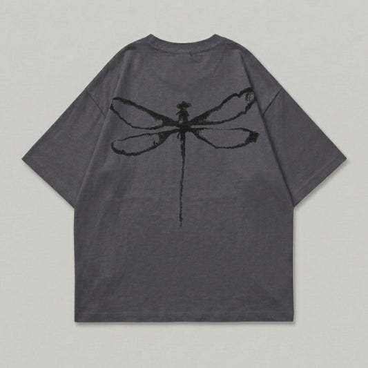 Dark grey t-shirt with a black dragonfly graphic on the back.