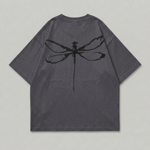Dark grey t-shirt with a black dragonfly graphic on the back.