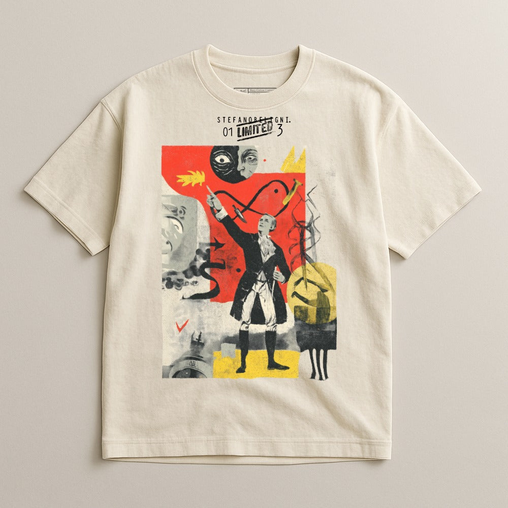 Cream t-shirt with abstract art featuring a man, masks, and text "STEFANO BENNI" and "01 LIMITED 3".