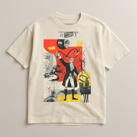 Cream t-shirt with abstract art featuring a man, masks, and text "STEFANO BENNI" and "01 LIMITED 3".