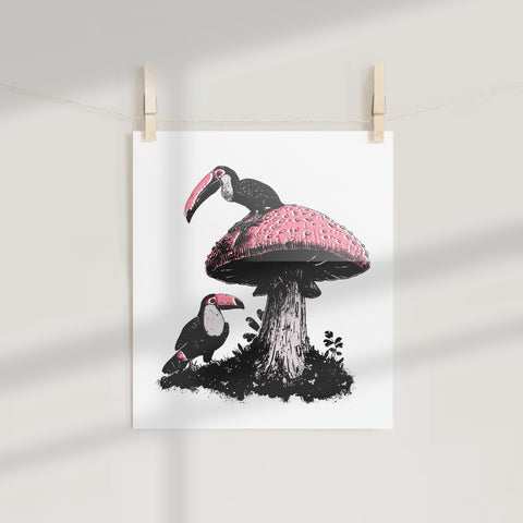 Toucan Birds on a Mushroom Art Print Wall Decor