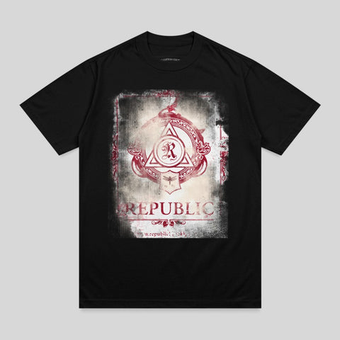 Black t-shirt with distressed "Republic" graphic and emblem.