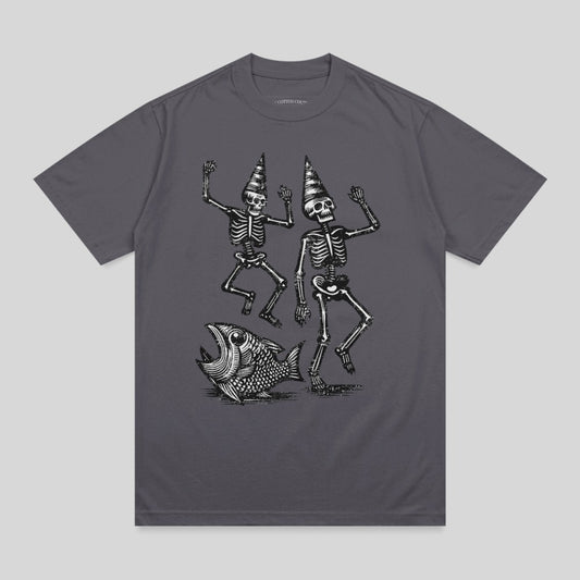 Two dancing skeletons in party hats next to a large fish.
