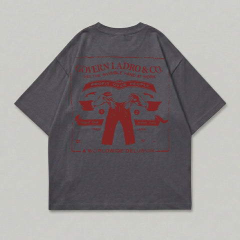 T-shirt with red graphic featuring hands, text: "Govern Ladro & Co. Profit Over People".
