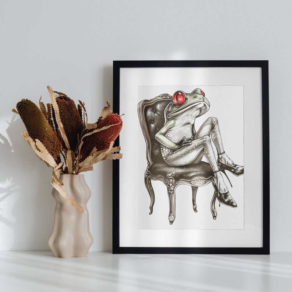 Frog Wearing Heels Sitting on Chair Artistic Print