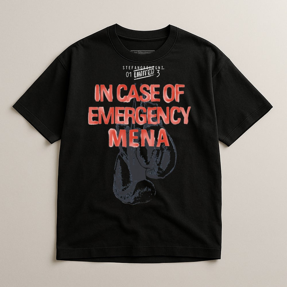 Black t-shirt with red "In Case of Emergency" text and boxing gloves graphic.