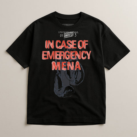 Black t-shirt with red "In Case of Emergency" text and boxing gloves graphic.