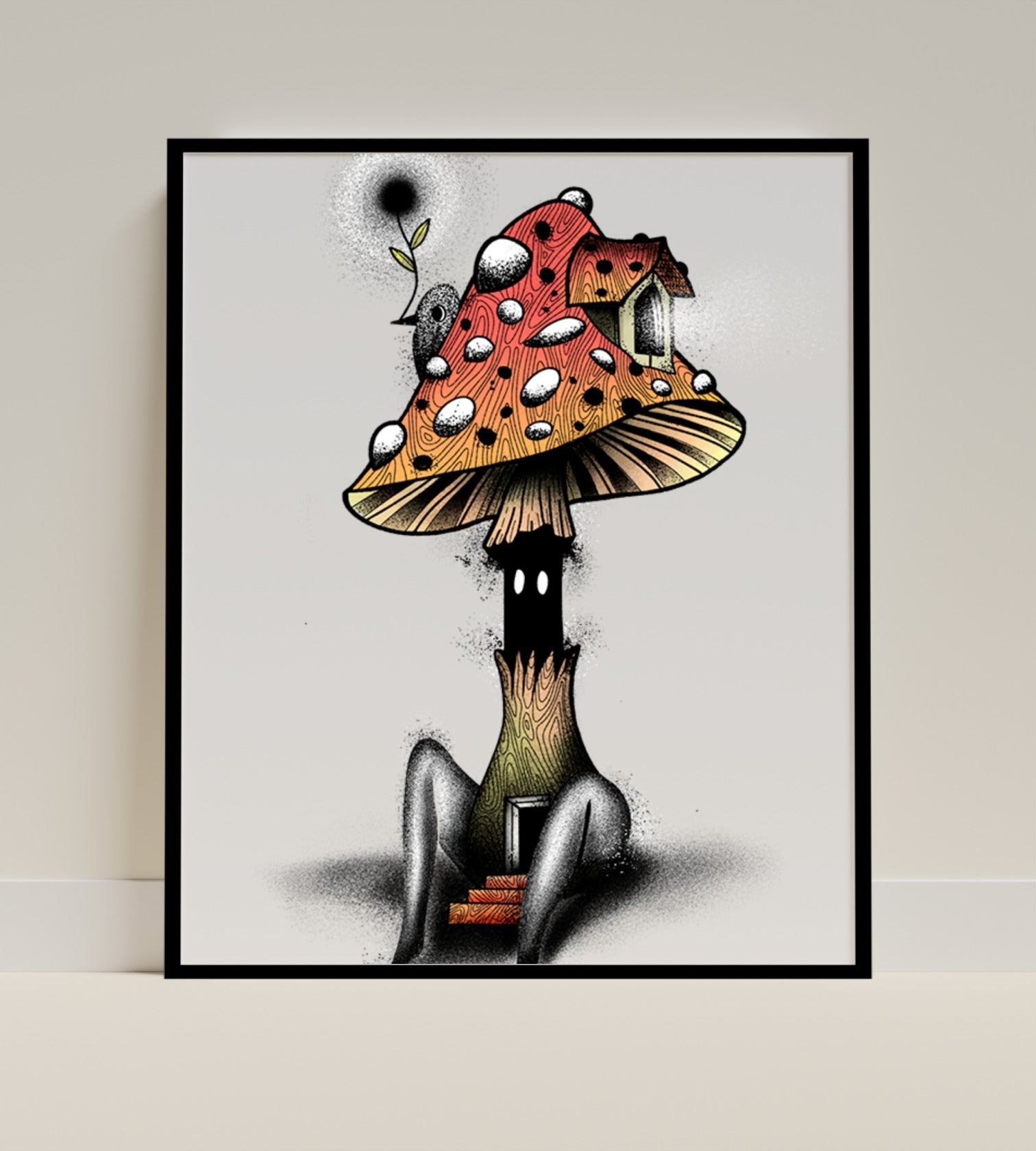 Whimsical Mushroom House Art Print with Botanical Details