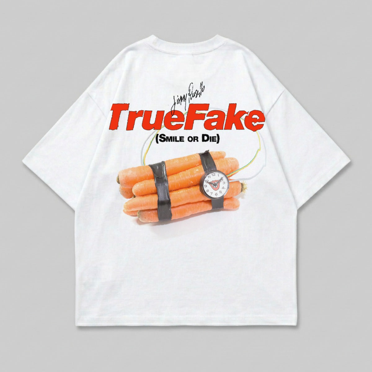White t-shirt with "TrueFake (Smile or Die)" text and a bundle of carrots with a timer.