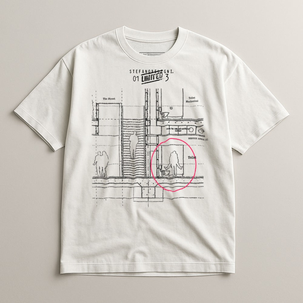 White t-shirt with a blueprint design featuring stairs and figures, marked "STEFANORELIGNI. 01 LIMITED 3".