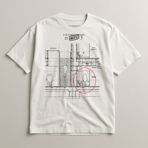 White t-shirt with a blueprint design featuring stairs and figures, marked "STEFANORELIGNI. 01 LIMITED 3".