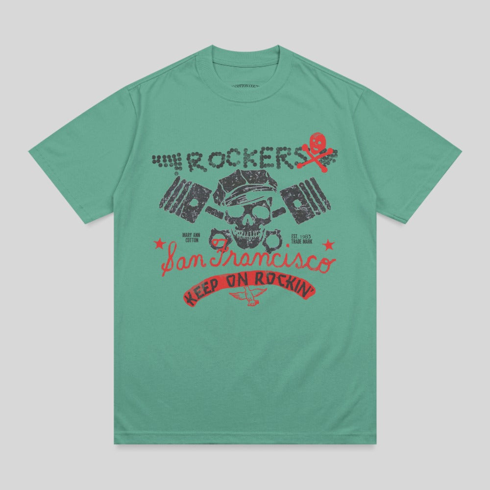 Green t-shirt with "Rockers Keep On Rockin" graphic, skull, and anvil.