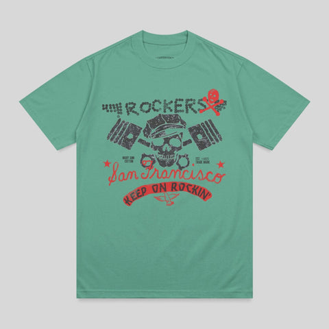 Green t-shirt with "Rockers Keep On Rockin" graphic, skull, and anvil.