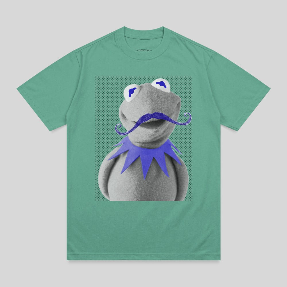 Kermit the Frog wearing a blue ruffled collar and a purple mustache.