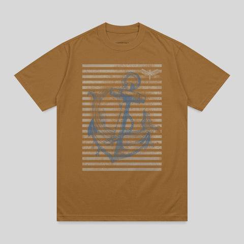 Brown t-shirt with distressed anchor and dragonfly graphic on striped background.