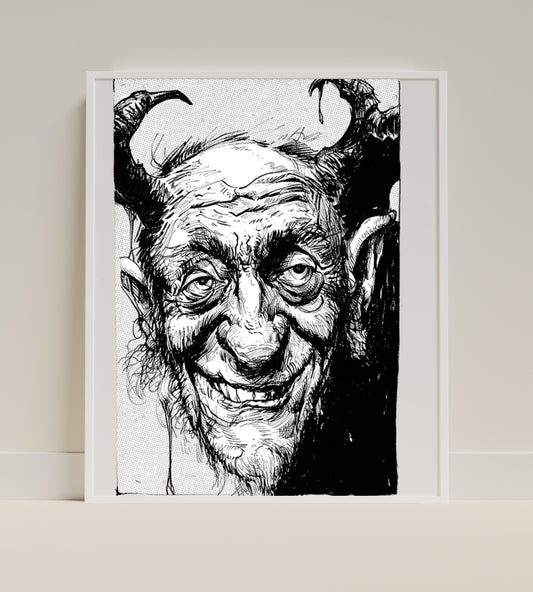 Creepy Smiling Horned Demon Black and White Art Print