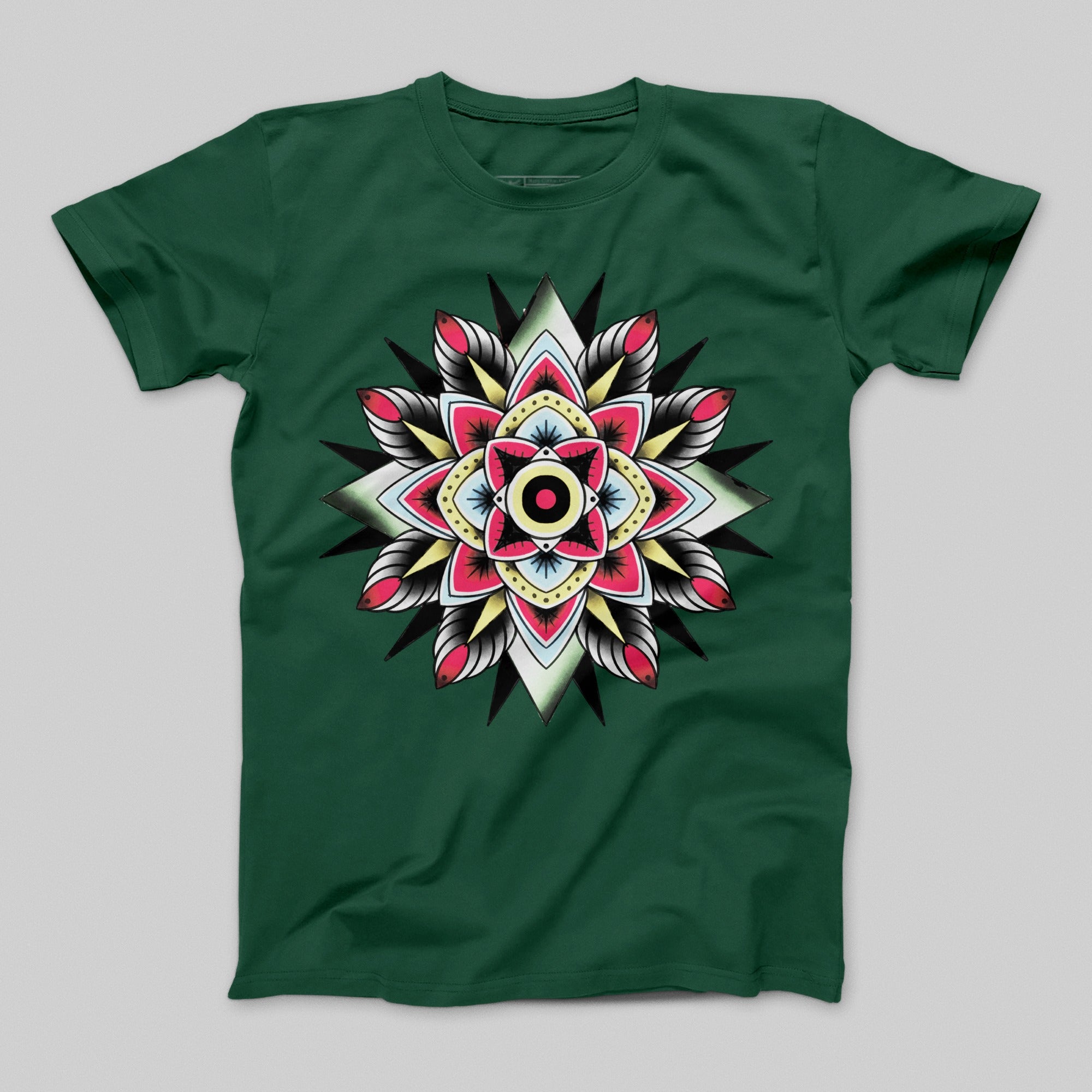 Vibrant Mandala Design on Green Graphic T-Shirt