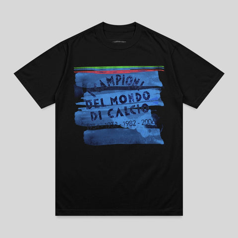 Black t-shirt with blue and green "Campioni del Calcio" text.