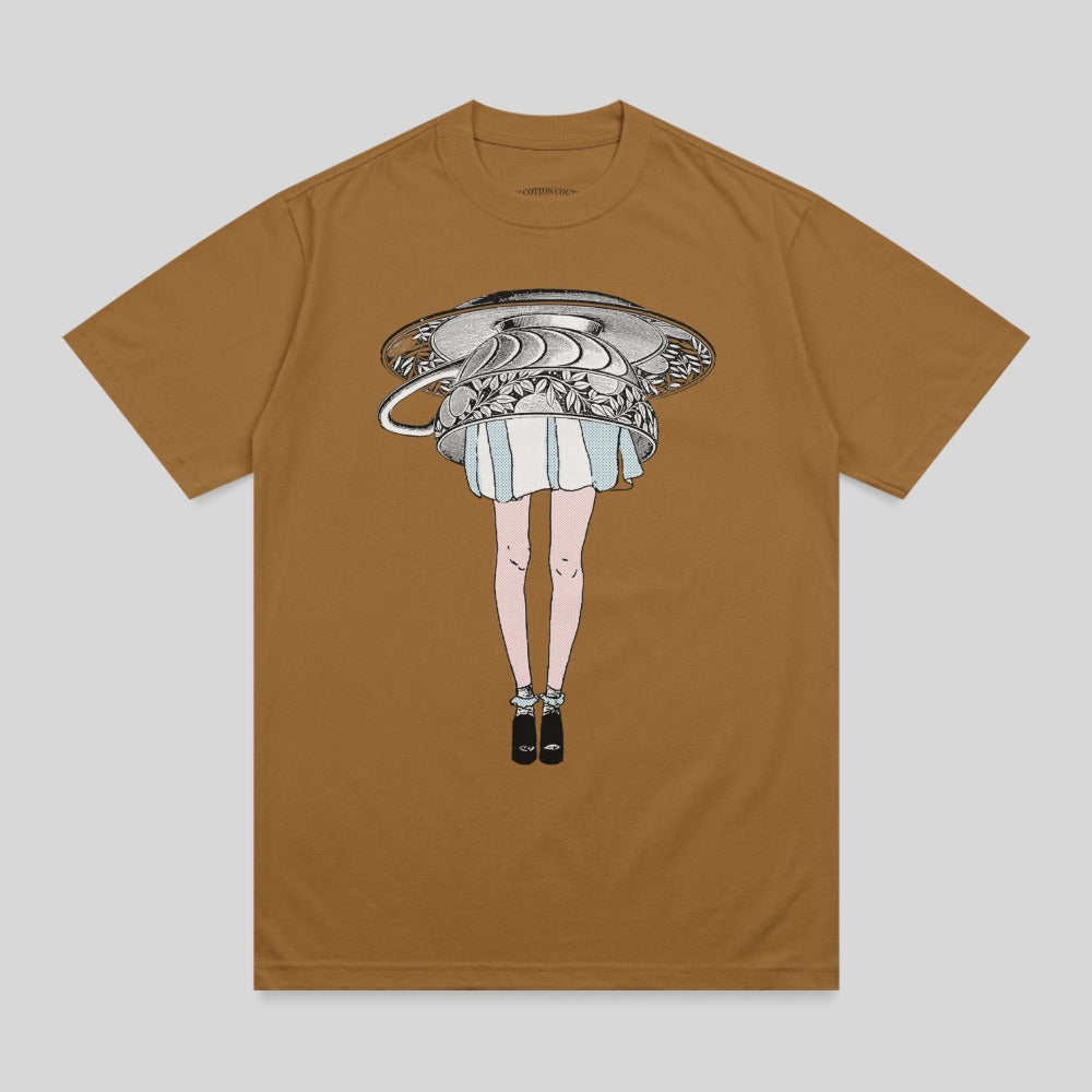 T-shirt with illustration of a person with a teacup on their head.