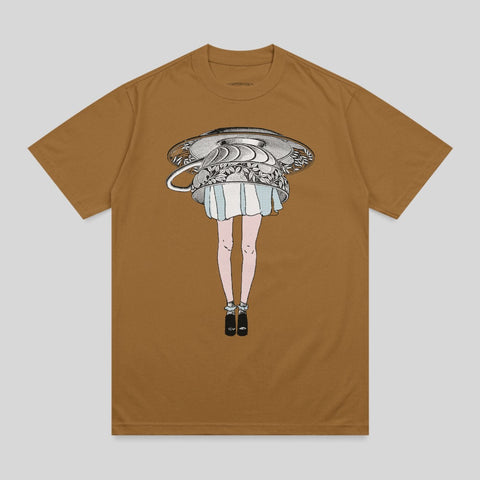 T-shirt with illustration of a person with a teacup on their head.