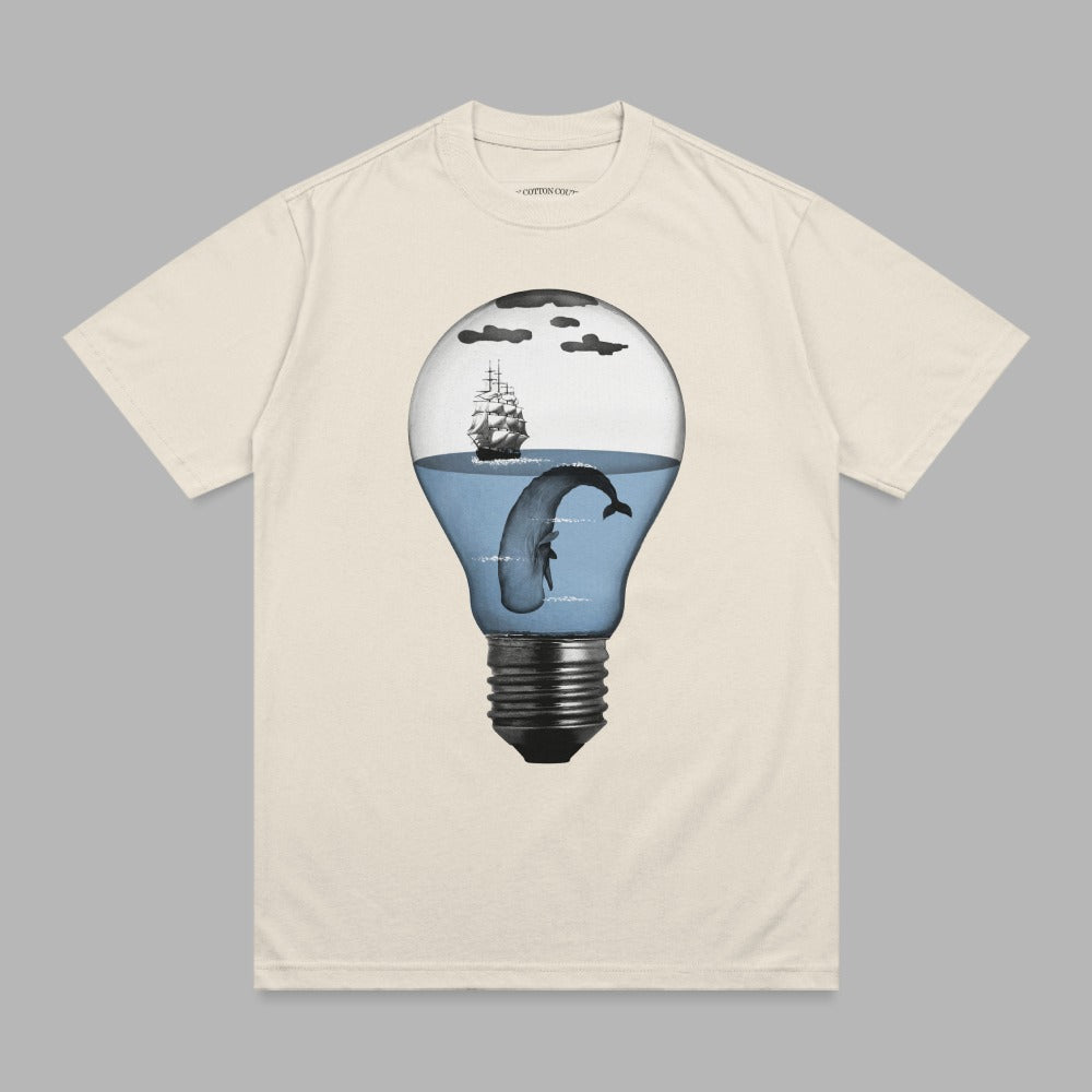 Whale breaching inside a lightbulb with a ship and clouds.