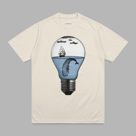 Whale breaching inside a lightbulb with a ship and clouds.