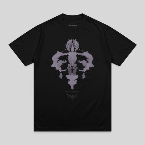 Black t-shirt with a purple Rorschach-like inkblot design.