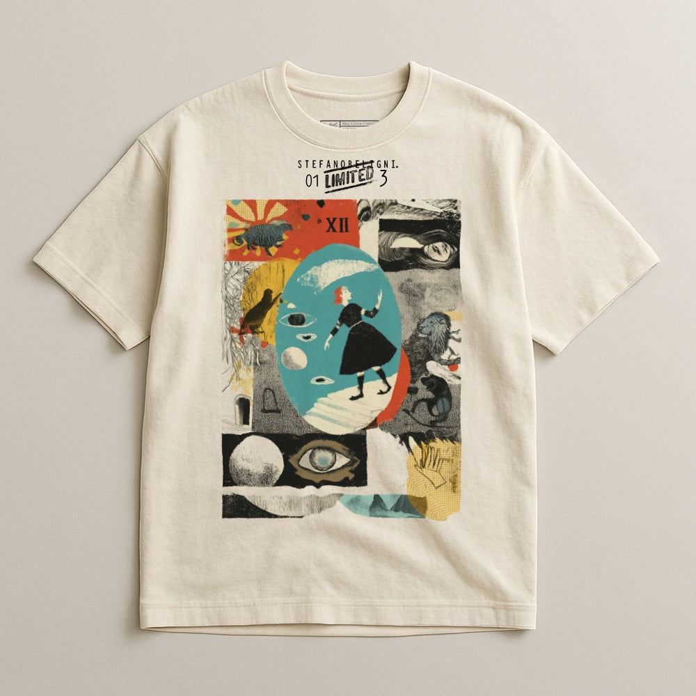 Cream t-shirt with surreal collage of figures, animals, and a clock face.