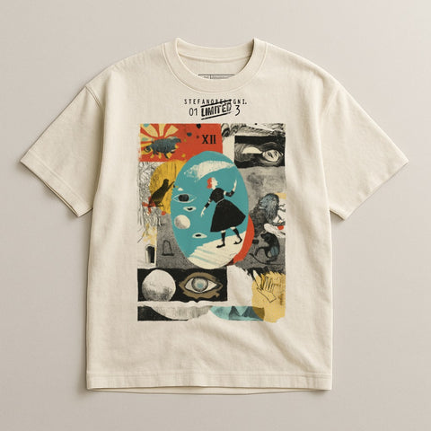 Cream t-shirt with surreal collage of figures, animals, and a clock face.