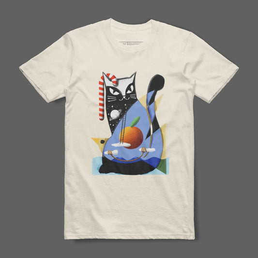 Unique Artistic Design Cat and Orange Guitar T-shirt