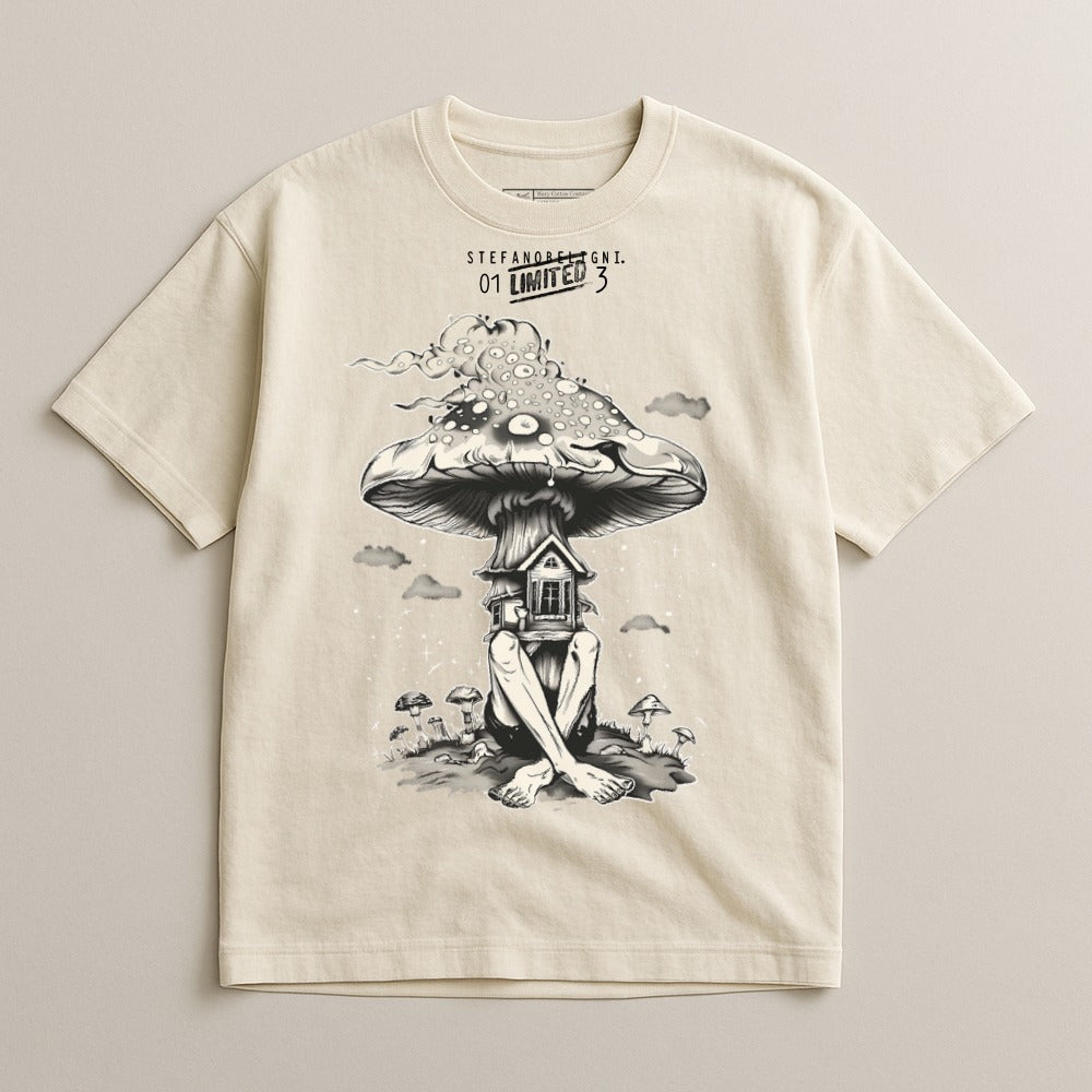 Surreal Mushroom House Cartoon Graphic T-Shirt