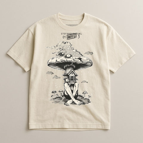 Surreal Mushroom House Cartoon Graphic T-Shirt