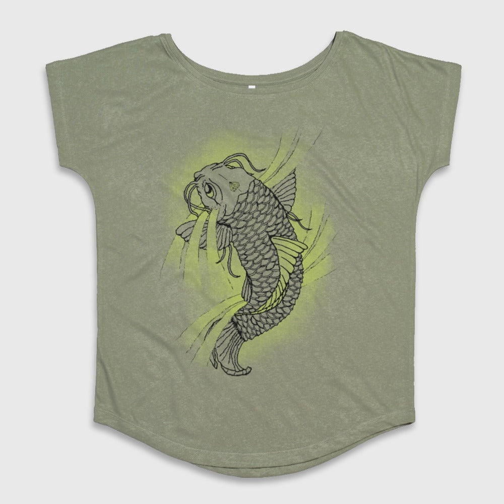 Vibrant Koi Fish Graphic Design on Green Shirt