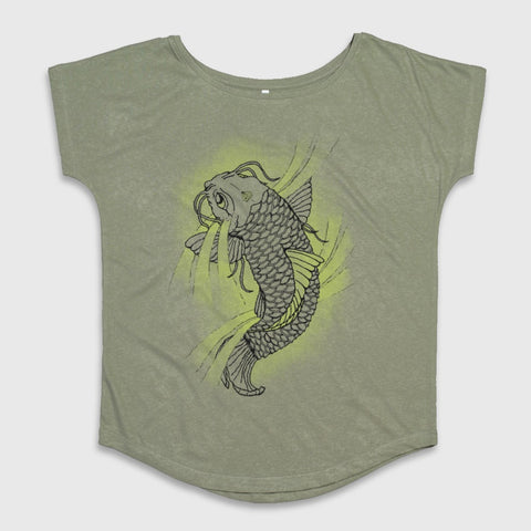 Vibrant Koi Fish Graphic Design on Green Shirt