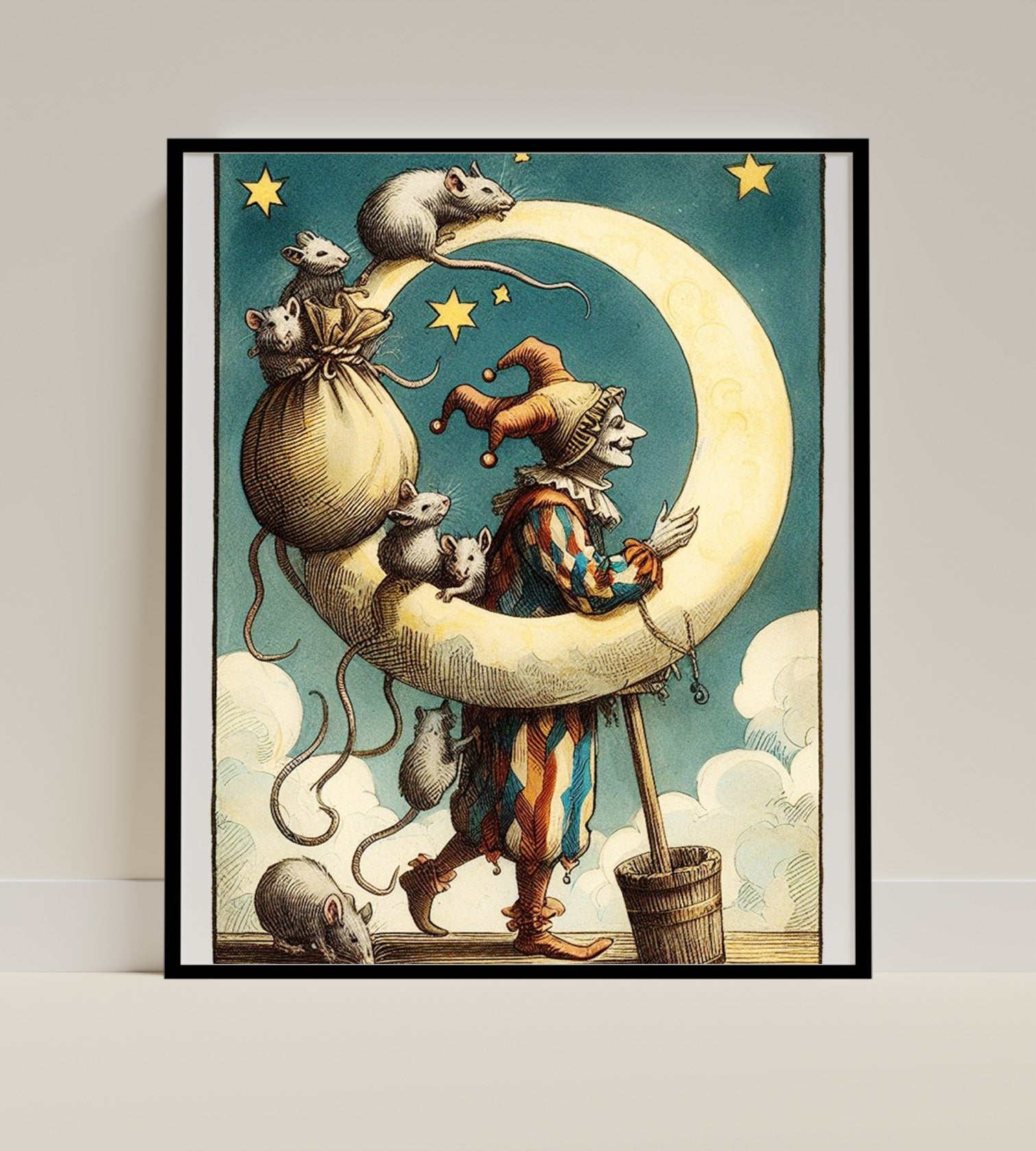 Whimsical Clown and Mice on Crescent Moon Art Print