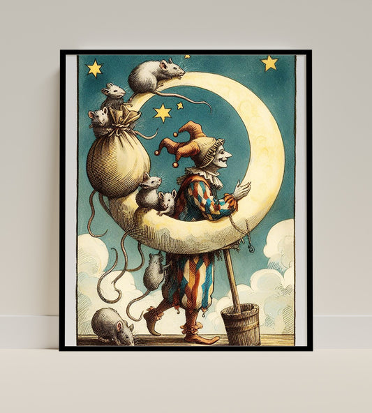 Whimsical Clown and Mice on Crescent Moon Art Print