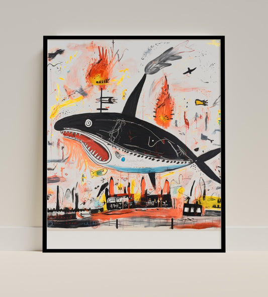 Abstract Whale Drawing With Vibrant Urban Scene Artwork
