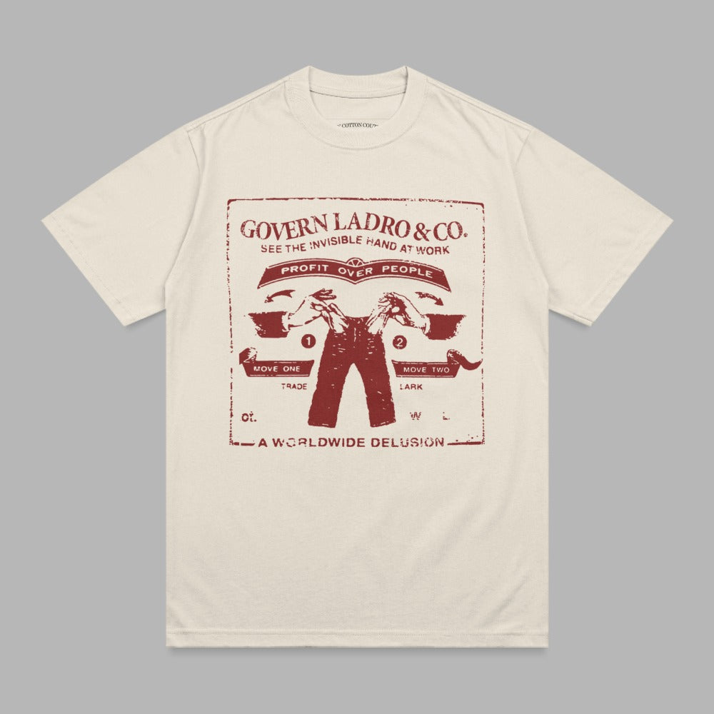T-shirt with "Govern Ladro & Co." logo and "Profit Over People" slogan.