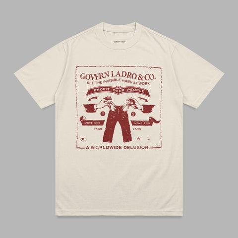 T-shirt with "Govern Ladro & Co." logo and "Profit Over People" slogan.