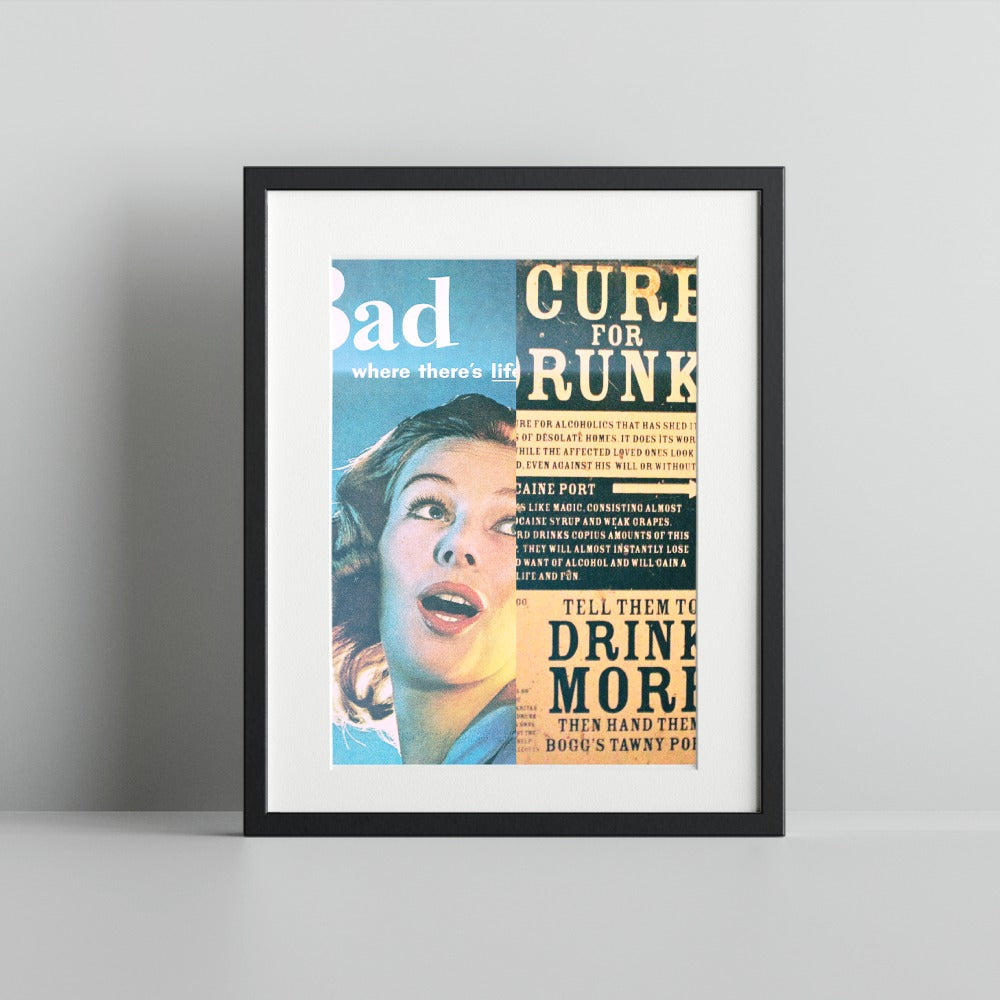 Vintage Cure For Drunk Poster in Black Frame Wall Art
