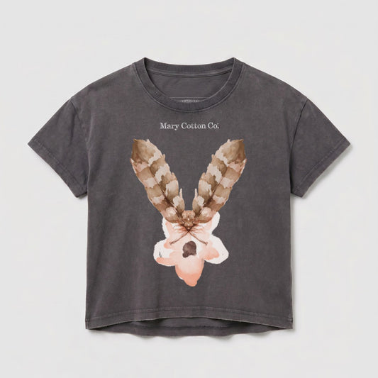 Dark grey cropped t-shirt with a floral and feather graphic and "Mary Cotton Co." text.