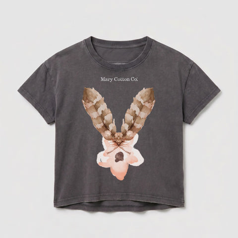 Dark grey cropped t-shirt with a floral and feather graphic and "Mary Cotton Co." text.