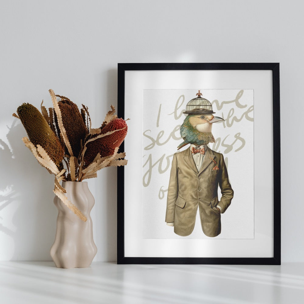 Quirky Bird in Suit with Hat Framed Art Print