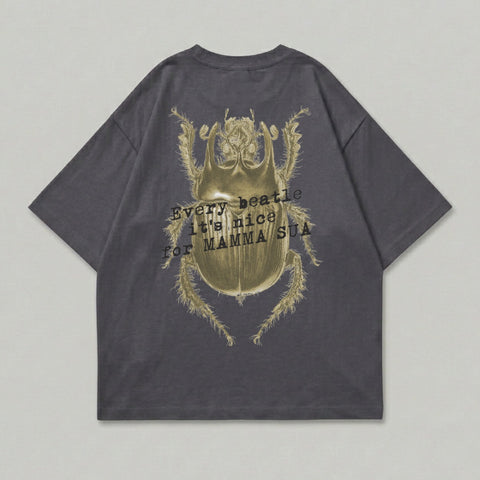Dark grey t-shirt with gold beetle graphic and text "Every beetle it's nice for MAMMA SUA".