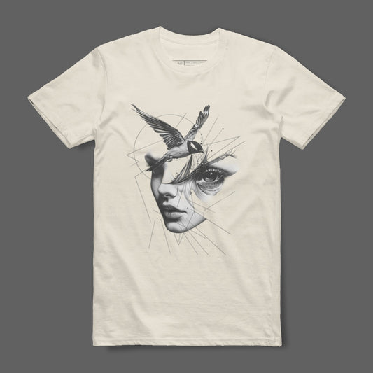 Surreal Face with Bird Graphic Design T-shirt