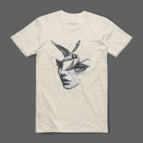 Surreal Face with Bird Graphic Design T-shirt