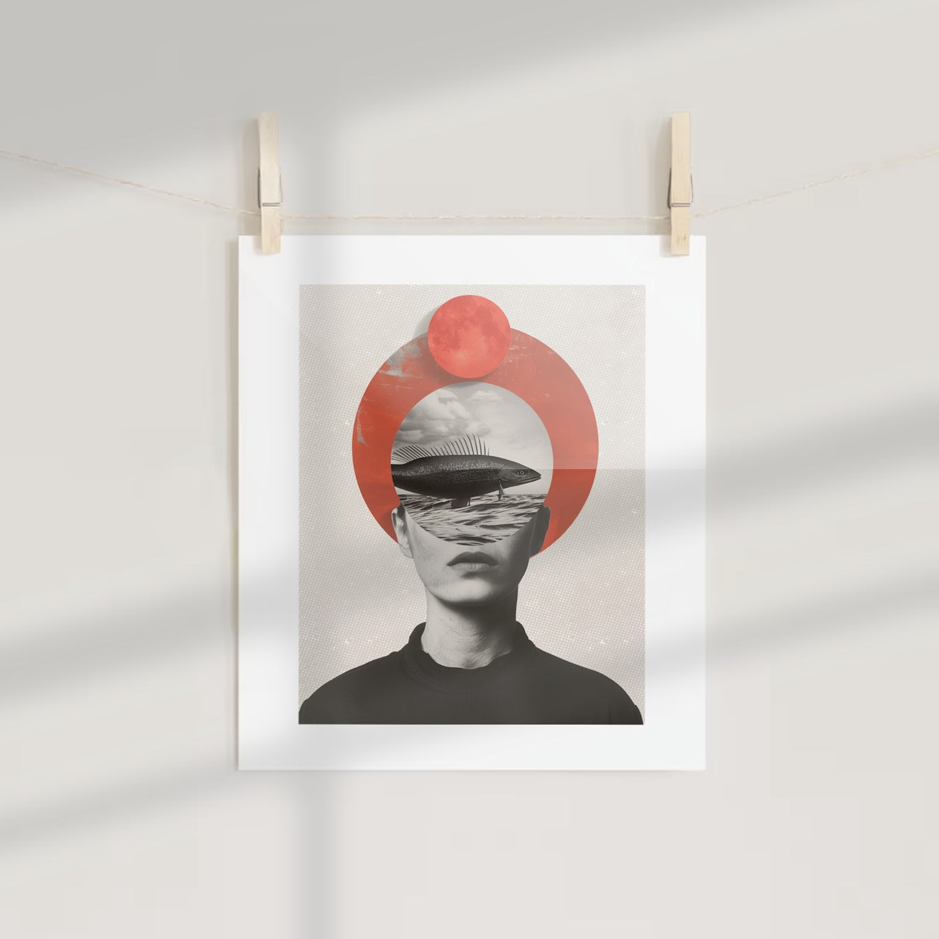 Surreal Artwork with Fish Overlay in Modern Design Print