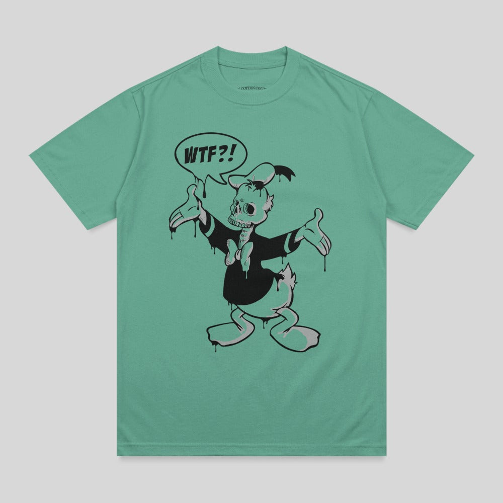 Cartoon duck skeleton with "WTF?!" speech bubble on teal t-shirt.