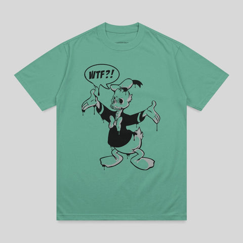 Cartoon duck skeleton with "WTF?!" speech bubble on teal t-shirt.